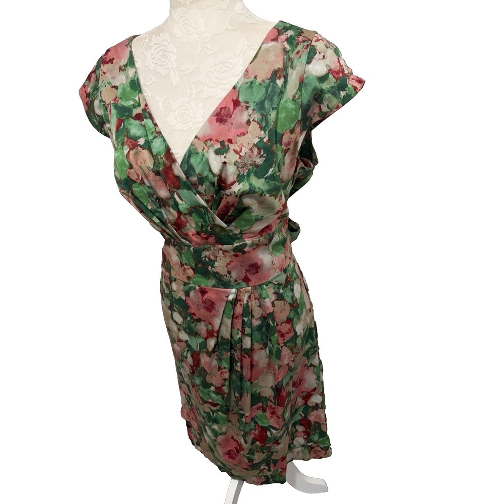Talbots Cotton Sun Dress~12~ Watercolor Floral Fitted Belted V Nk Cap Sl Cottage - Picture 4 of 16